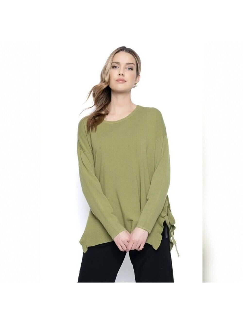 Piccadilly Side Tie Rib Knit 3/4 Sleeve Sweater Top Fern Green Women's Size S